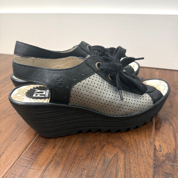 Fly London Lace Up Wedge Platform Ylfa Sandals Women 40 Black Peep Toe Slingback - Picture 2 of 10